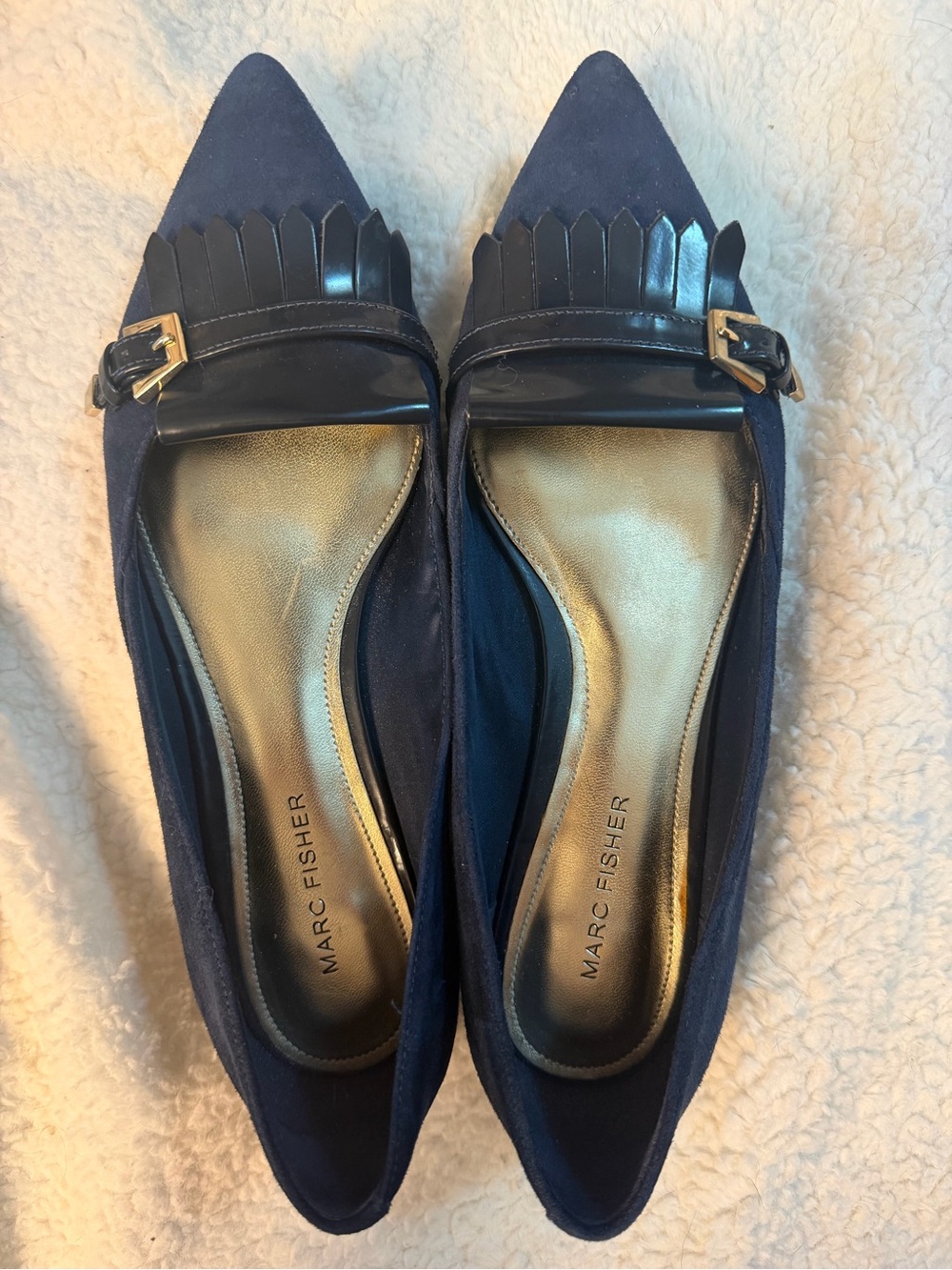 Vintage Y2K Blue Suede Marc Fisher Navy Pointed Kiltie-Style Flats with Buckle